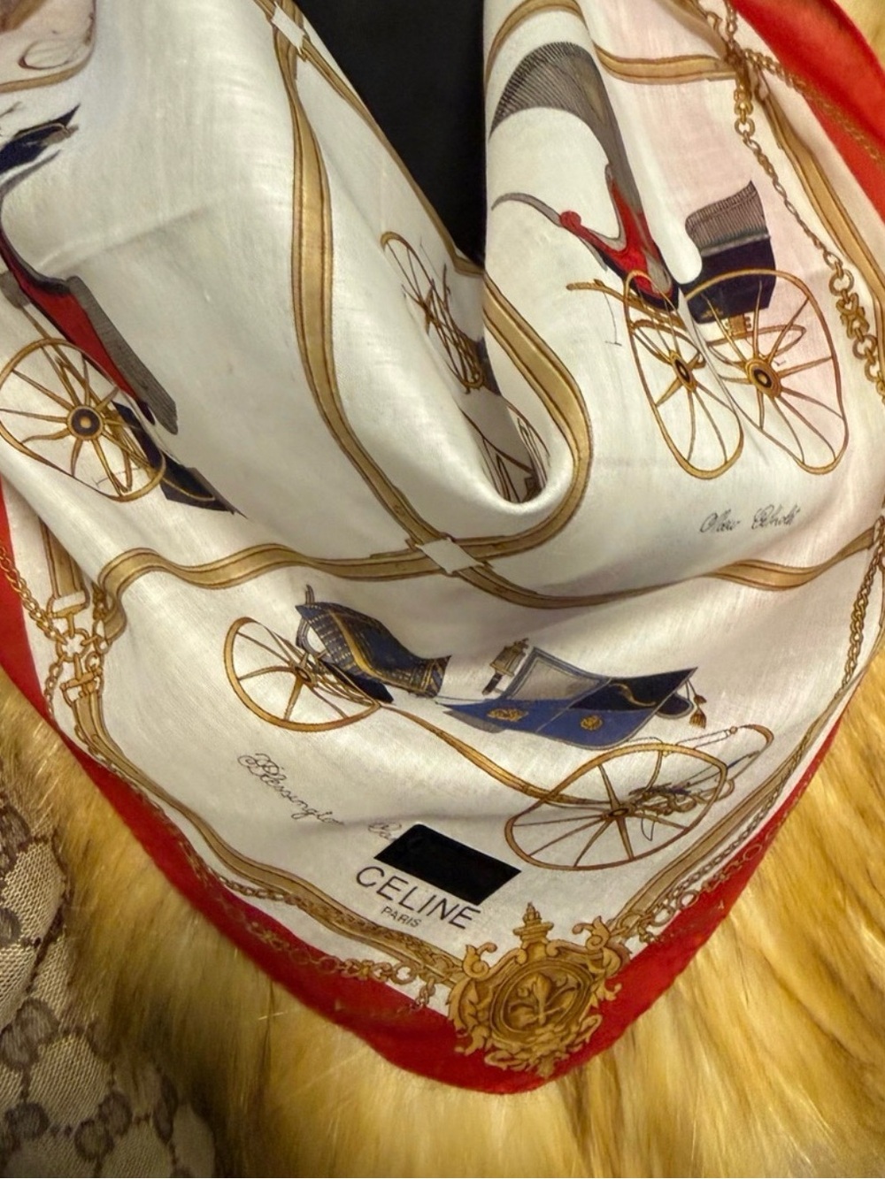 Celine Silk Carriage Print Scarf in Cream, Red & Gold
